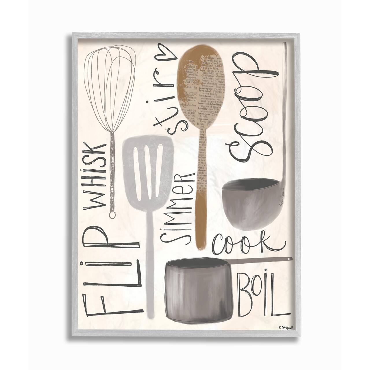 Stupell Industries Flip Whisk Simmer and Stir Kitchen Spoons and Utensils in Gray Frame Wall Art
